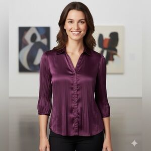 Sere Nade Purple Crinkle Blouse Button Down Silky Bell Sleeve Boho Collar Office